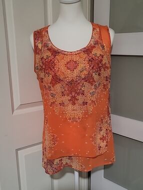 Cabi 268 Orange Sheer Floral Tank Small Boho Sleeveless Blouse Cutout Top